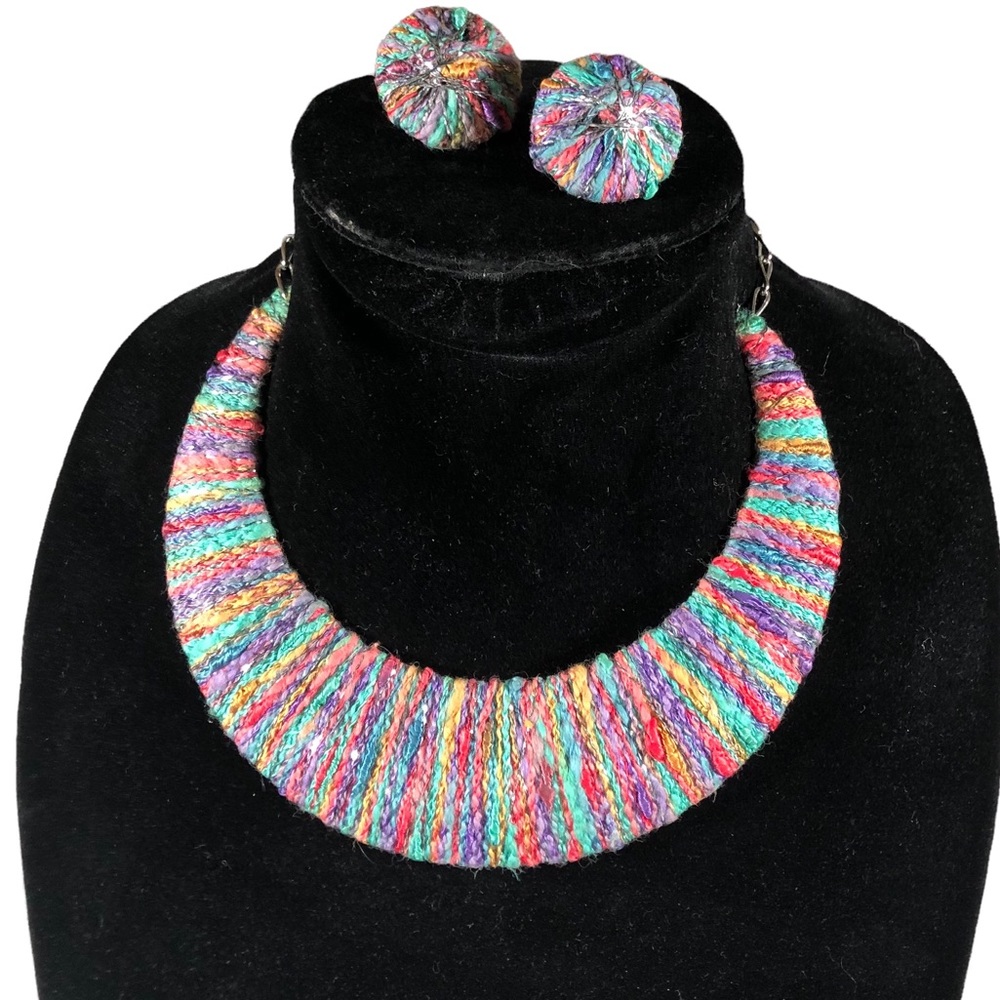 Vintage Boho Bib Structured Necklace with Matching Rainbow Clip On Earrings